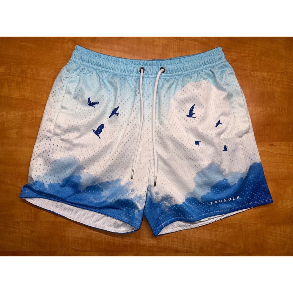 YoungLA 141 Cloud Bird Mesh Gym Shorts Blue White Small Bodybuilding